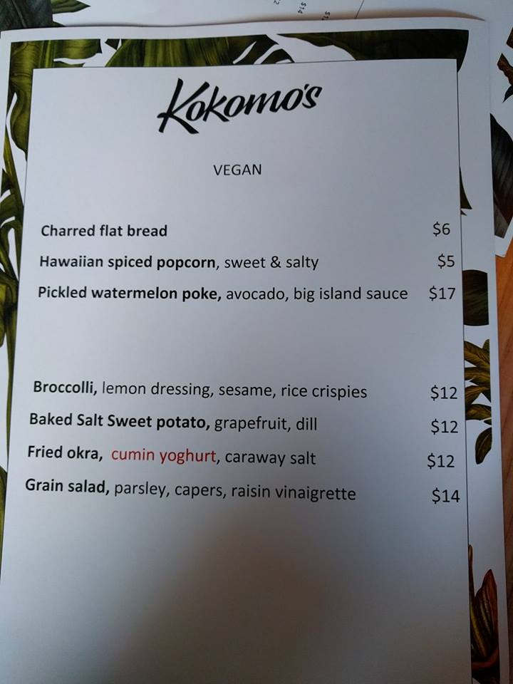 New Vegan Menu @ Kokomo's, Bunda Street, Civic